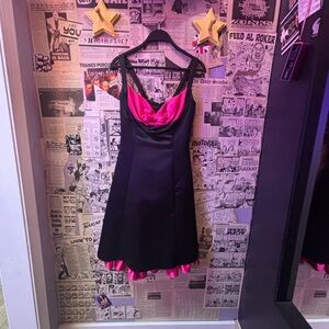 Black & Hot Pink Satin-Trim Midi Dress